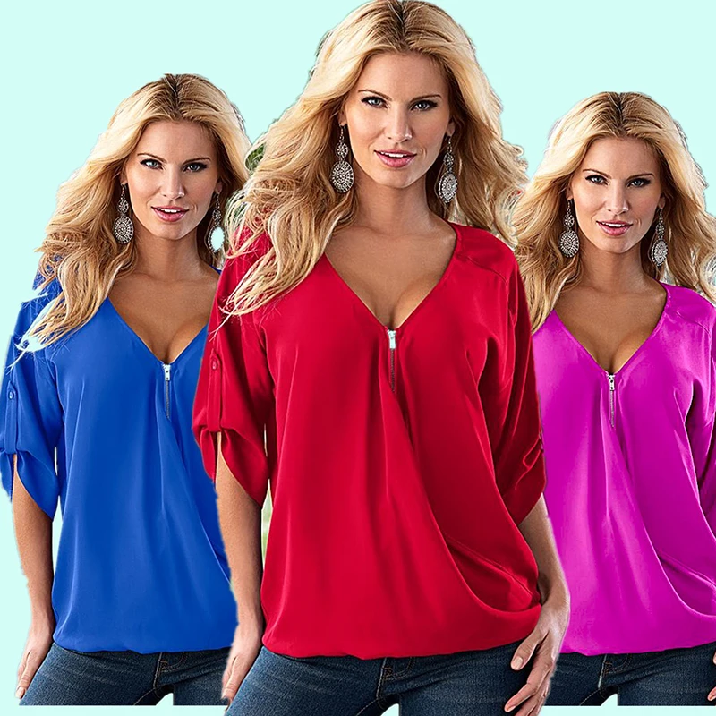 Summer women s font b shirt b font Loose Solid color Half sleeve Deep V neck