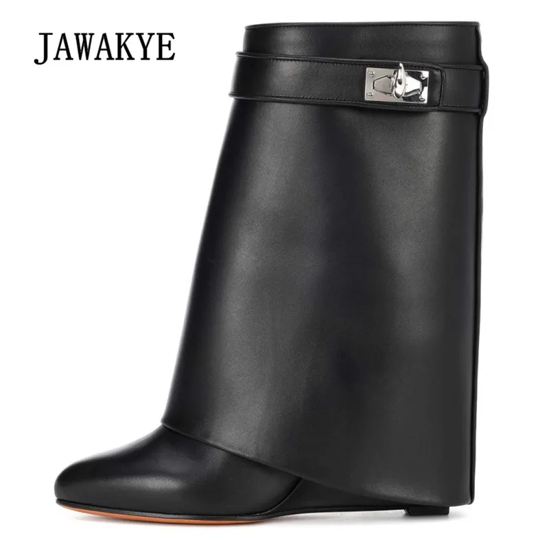 

2019 Shark Lock Design Ankle Boots Woman Pointed Toe Real Leather Height Increasing Wedge Mid-Calf Boots Woman Chic kelly Boots