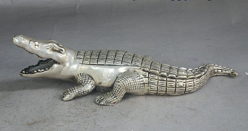 

11" Old China Royal FengShui Silver Guardian Crocodile Alligator Cayman Statue