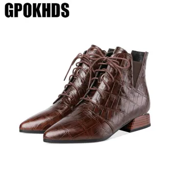 

GPOKHDS 2019 women ankle boots soft Cow leather autumn spring lace up black color pointed toe low heels ankle boots size 34-41