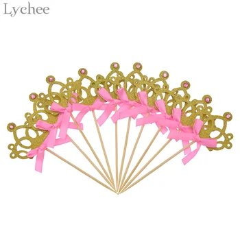 

Lychee Life 10pcs Glitter Crown Cupcake Topper Bowknot Cake Toppers Baby Shower Wedding Birthday Party Decoration Supplies
