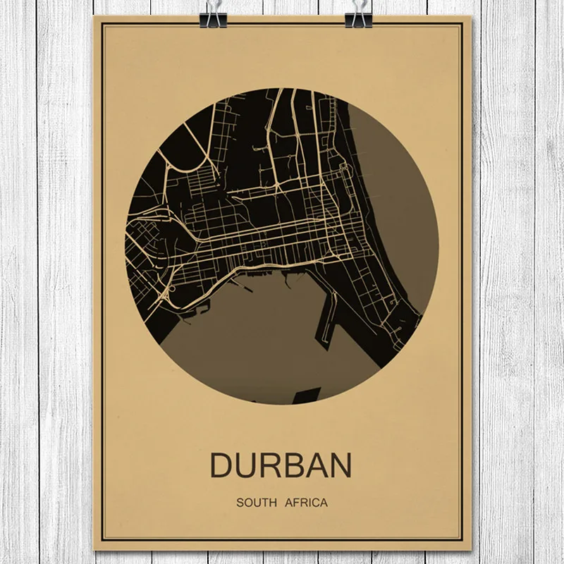 DURBAN World City Map Classic Kraft Paper Vintage Retro Poster Wall Sticker Cafe Bar Pub Living