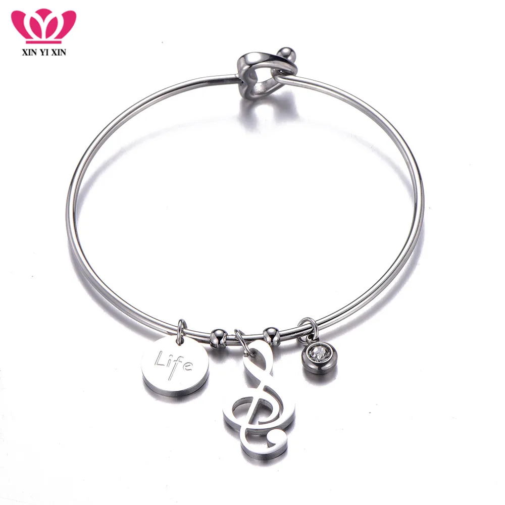 

Fashion Stainless Steel Music Note Woman Bracelet Korea Style Silver Crystal Round LOVE Letter Bracelet Bangle Boho Jewelry Gift