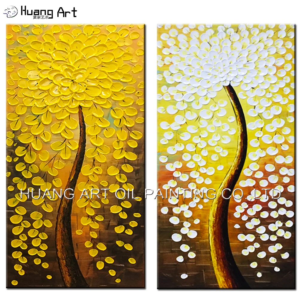 

New Hand-painted Knife Oil Paintings for Home Room Wall Decor Modern Yellow Rich Tree Abstract Flower Wall Painting on Canvas