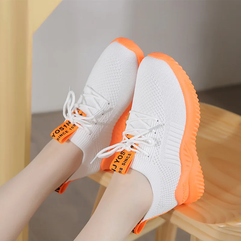 

2019 Summer Mesh Shoes Woman New Fashion Designer Thick Sole Wild Breathable High Korean Orange White Platform Sneakers Women