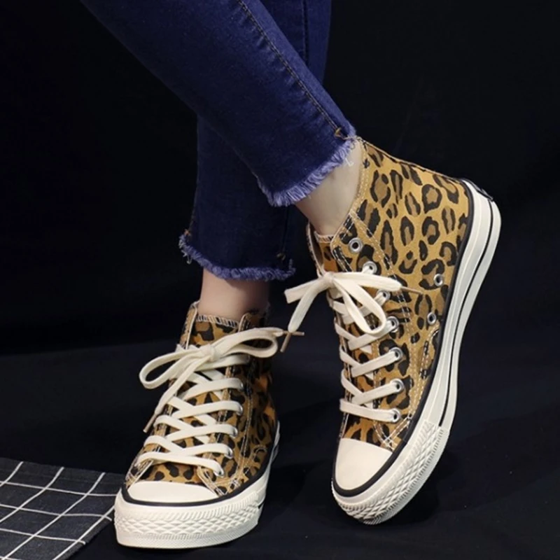 SJJH Women Canvas Leopard Sneakers High Low Top Comfortable Shoes Vulcanize Flats Casual Chaussure Lace-up Ladies Footwear D004