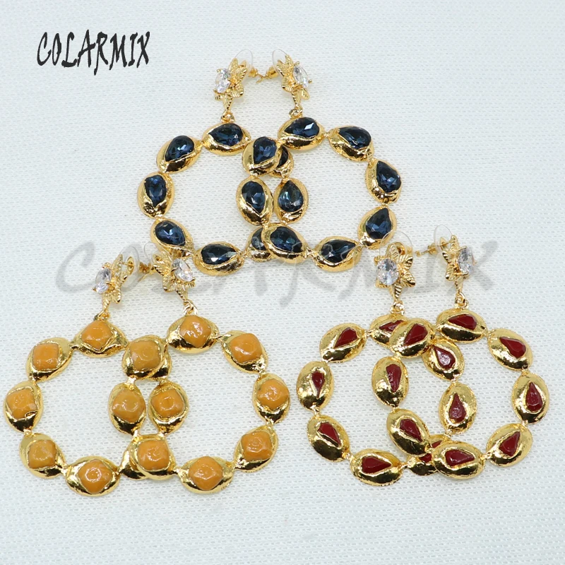 

5 pairs Round dangle earrings plated mix color stone earrings drop earrings gems jewelry for women earring gift 4960