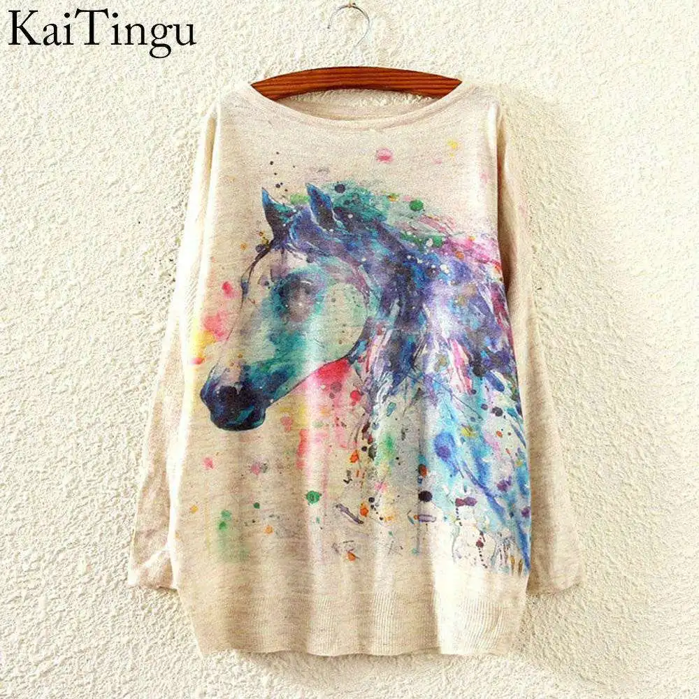 KaiTingu 2015 New Fashion Autumn Winter Clothing Women Sweater And Pullover Long Batwing Sleeve Jumper Knitwear Horse Print KaiTingu 2015 New Fashion Autumn Winter Clothing Women Sweater And Pullover Long Batwing Sleeve Jumper Knitwear Horse Print