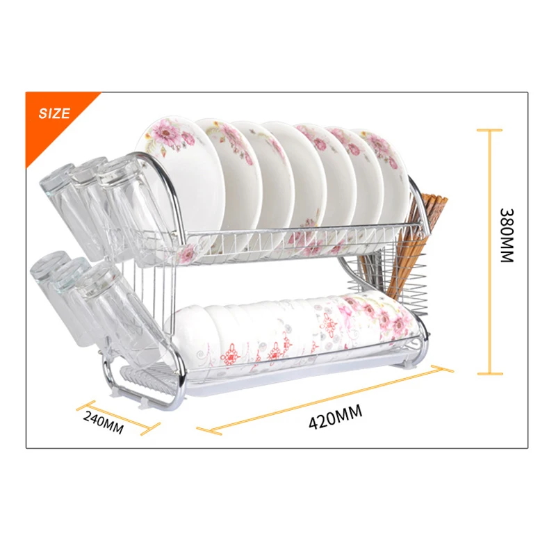 2 Tiers Dish Drying Rack Holder Basket Plated Iron Kitchen Washing Sink Dish Drainer Drying Rack Knife Bowl Organizer 08164