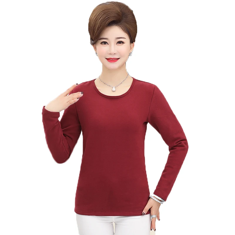 

WAEOLSA Middel Aged Woman Thicken Fleec Lining Tops Red Gray Black Navy Blue Blouses Autumn Womens Long Sleeve O-neck Top Mom XL