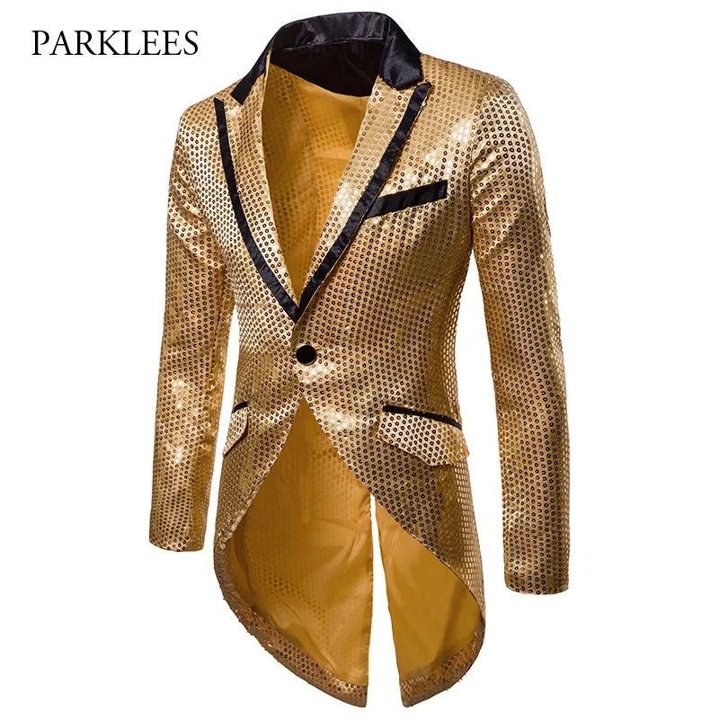 Мужской Блестящий Золотой блестящий пиджак-фрак, абсолютно приталенный длинный смокинг на одной пуговице, блейзер, вечерние, сценический, костюм певицы, Homme