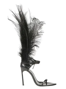 

Feather Decor Women Sandals Narrow Band Sexy Open Toe Woman Party Wedding Shoes Luxury Chic Runway Thin Heels Plus Size 43