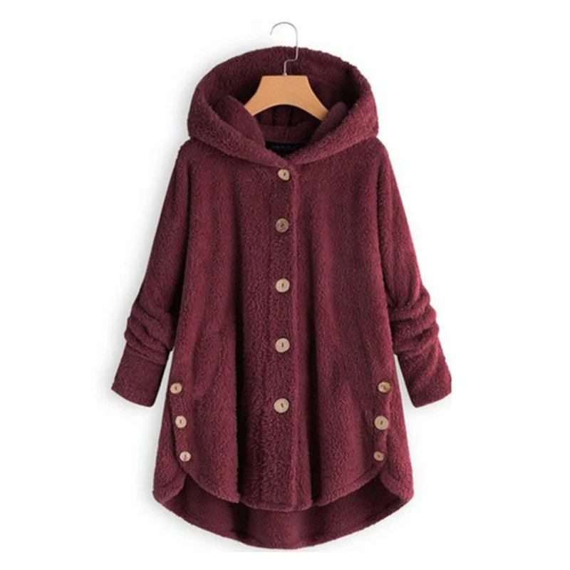 2019 Winter New Fashion Women Fleece Sweater Europe American Button Warm Hooded Sweaters Irregular Solid Color Coat 10 Colors
