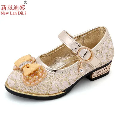 Летние туфли для девочек из бисера Мэри Джейн туфли без каблуков Fling детская обувь для принцесс танец обувь детские сандалии Детская Свадебная обувь золото розовый - Цвет: Золотой
