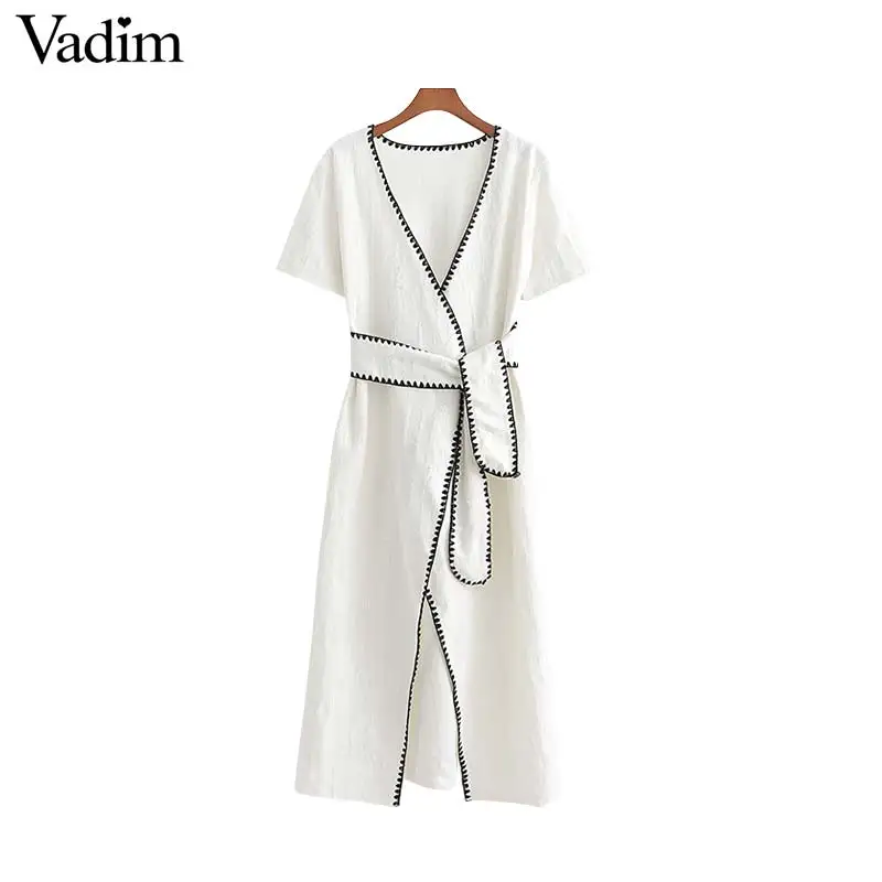 

Vadim women elegant Cross V neck wrap dress bow tie sashes short sleeve split female casual white midi dresses vestido QB556