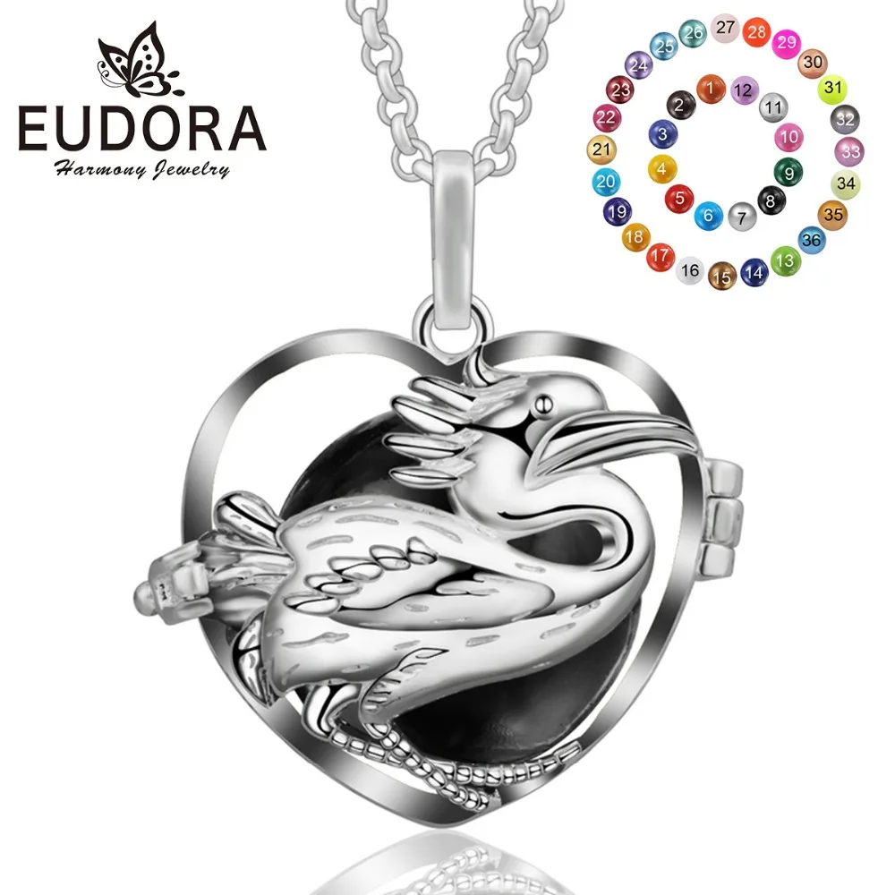 

EUDORA 20mm Harmony Bola Ball Necklace Cormornat Bird Heart Shape Locket Cage Pendant fit Inner Ball Women Fine Jewelry K221N20