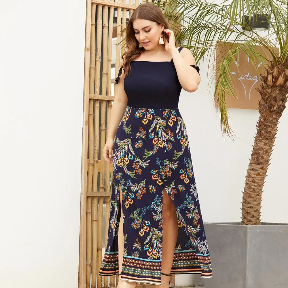 

Plus Size Vintage Boho Print Long Big Size Summer Dress Cold Shoulder Split Holiday Dress Navy Blue Beach Maxi Dresses Vestidos
