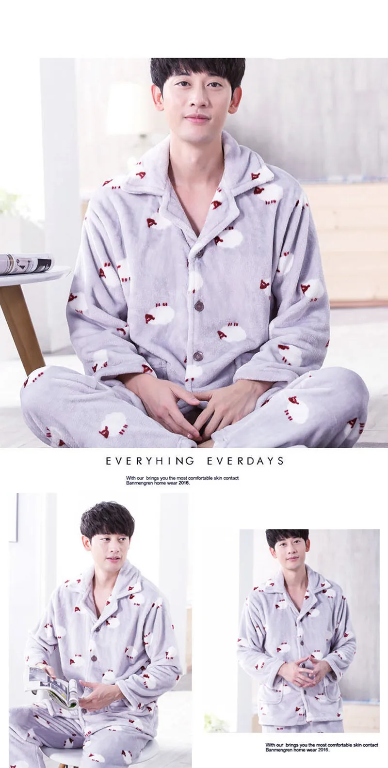 Pajamas Set Men Winter Warm Stripe Sleepwear Print Thick Flannel Pyjama Long Sleeve Pants V-Neck Shirt  Man Home Pjs cotton pjs