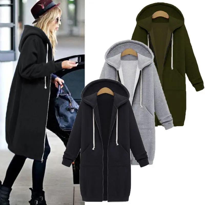  Oversized Autumn Women Casual Long Hoodies Sweatshirt Coat Pockets Zip Up Outerwear Hooded Jacket P