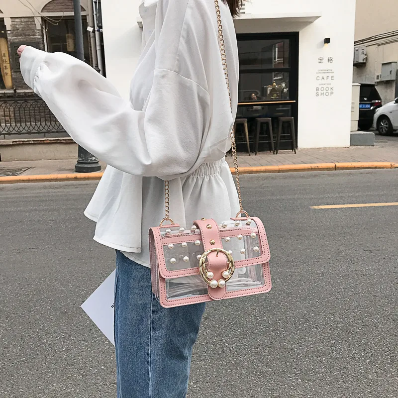 Летние женские сумки прозрачные жемчужные женские цепи с клапаном прозрачные сумки-мессенджеры женские роскошные сумки на плечо женские - Цвет: Розовый