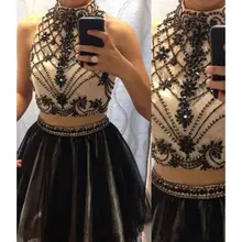 2016 schwarz Sexy Zwei Stücke Junioren Short Prom Cocktailparty-kleider Knielangen Crystals Sparkly Perlen Tüll Cocktailkleider