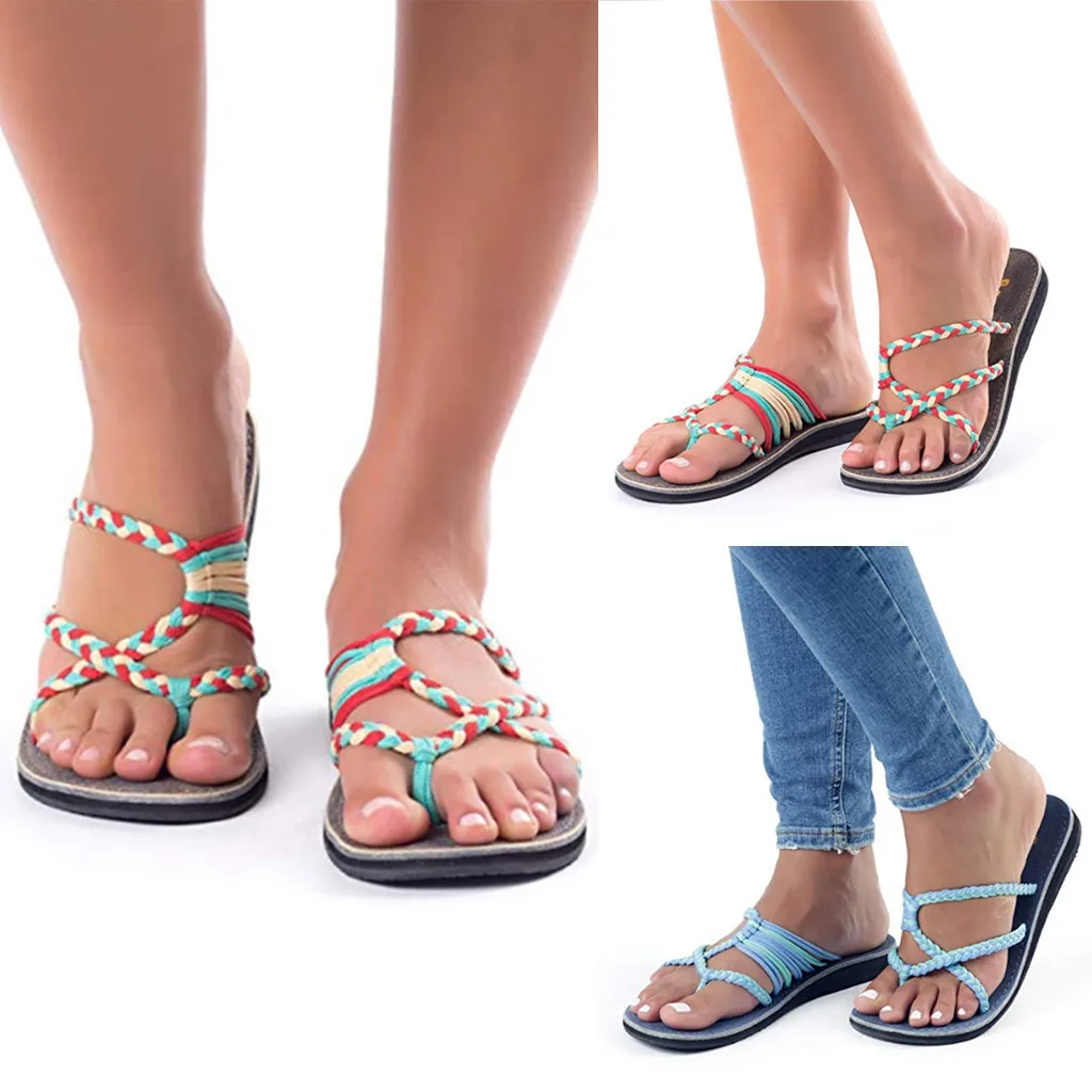 

Hot Sale 2019 chaussures femme slippers Retro Womens Slippers Hemp Rope Flip Flops Flat Roman Beach Shoe zapatos de mujer @#35