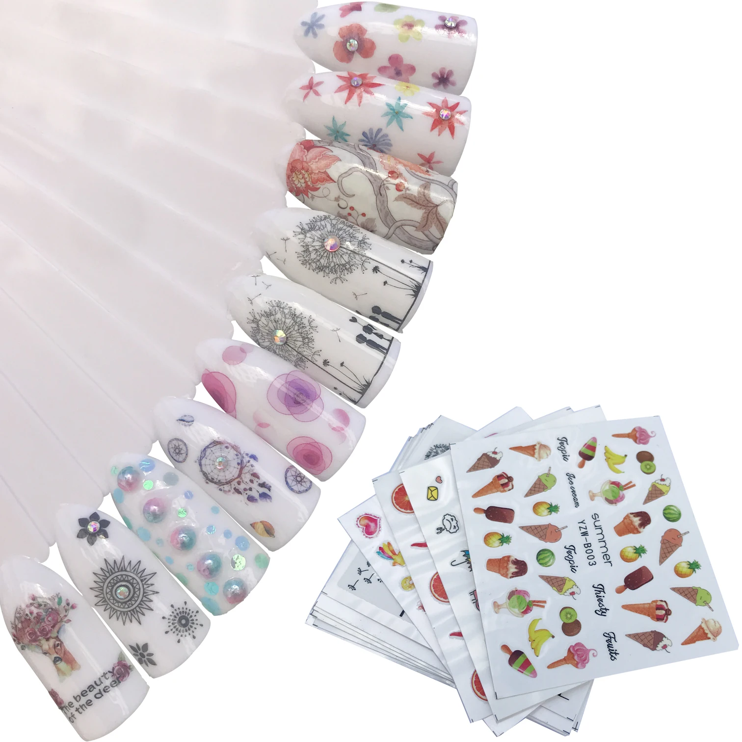 

YZWLE 1 Sheet Dandelion Flower Strawberry Nail Decals for Watermark Manicure Polish Nail Sticker 10 Styles for Choose