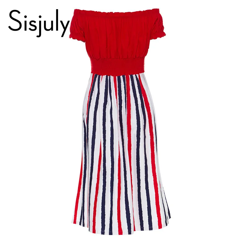 

Sisjuly retro patchwork dress women sexy red color slash neck collar patchwork striped a-line party casual vintage dresses