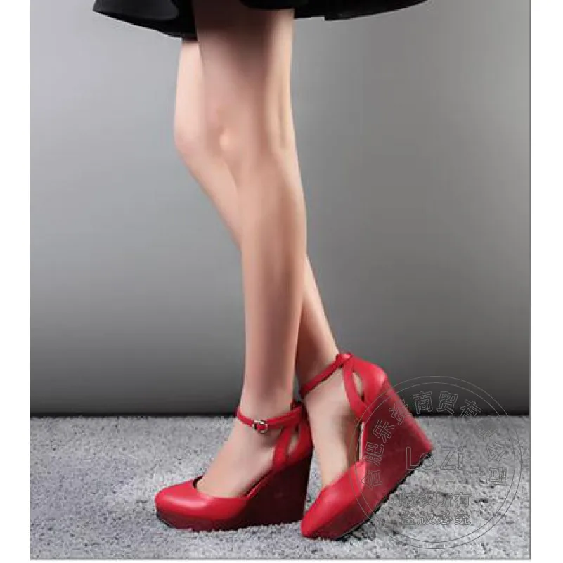 Wedge Platform Real Genuine Leather Shoes Women Black Sheepskin Womens Wedges Platforms Red Thick Soled Ankle Strap High Heels