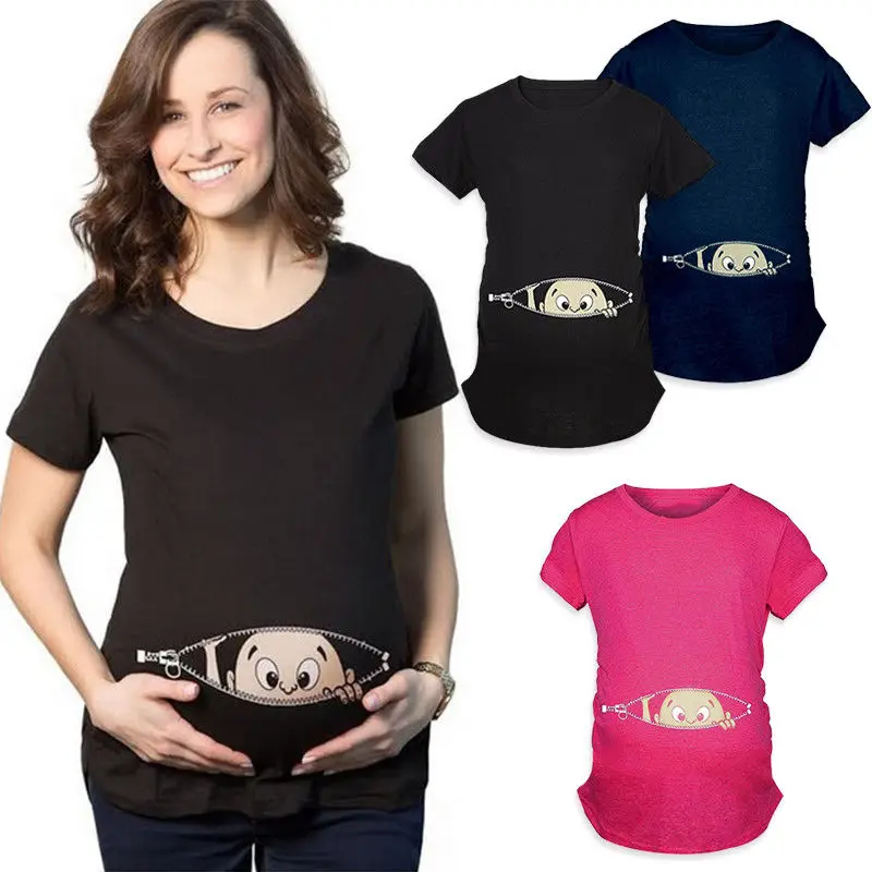 

2018 New Summer Plus Size M-2XL Pregnancy Cartoon Tee Baby Print Staring Women Maternity Pregnant Short Sleeve T-shirt Funny Top