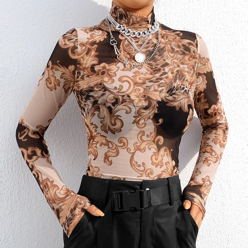 

YYXZ Summer Tshirt Fashion Slim Transparent Long Sleeve Lady Tee SML Turtleneck Woman Casual Short Skinny T-Shirt Mesh Crop Top
