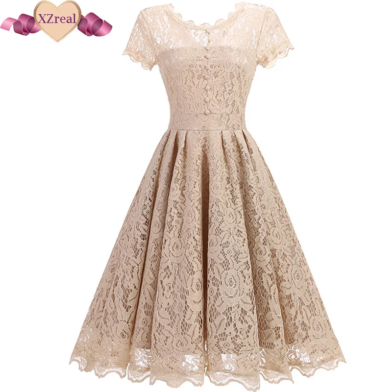 

2017 Vintage Tunic Lace Dress Femal Robe Casual 1950s Rockabilly Short Cap Sleeve V-Back Swing Summer Dresses Vestido de festa