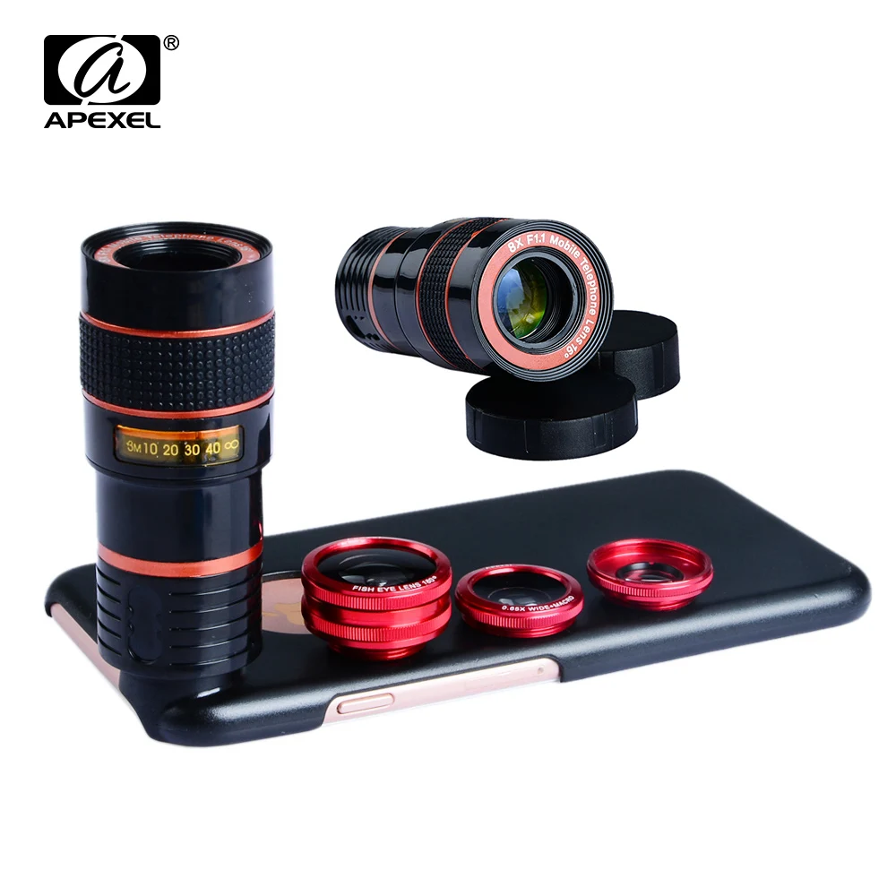 APEXEL Camera Lens Kit 8x Telephoto Lens + Fisheye fish eye Lens + 2in1