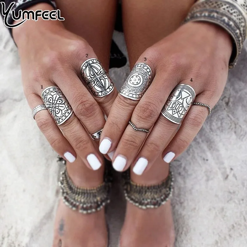 

Yumfeel New Bohemia Vintage Jewelry Unique Carving Tibetan Silver Plated Ring Set for Woman 4PCS/Set Punk Boho Ring Sets