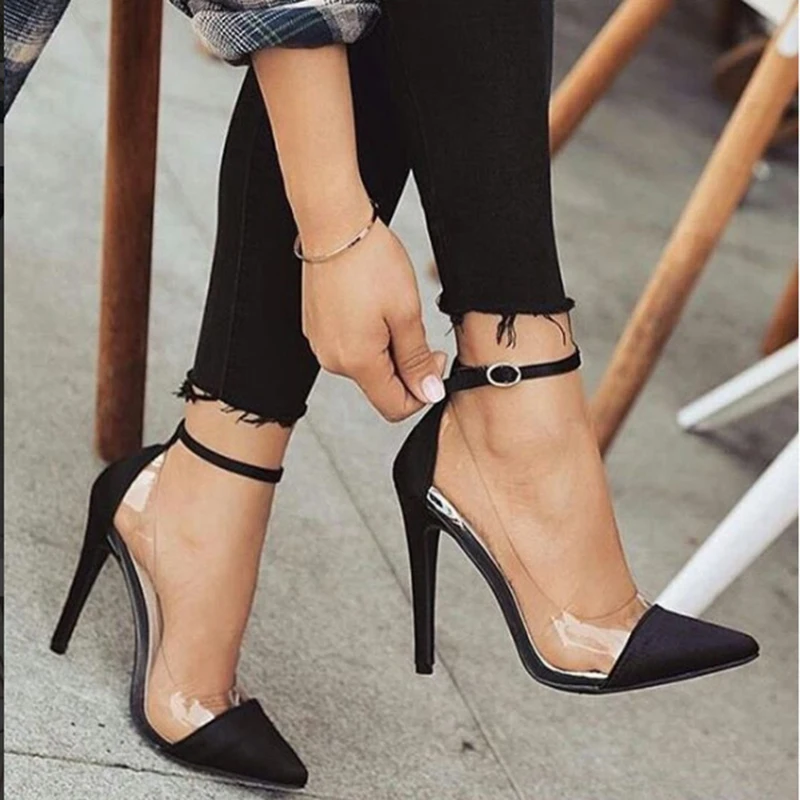 New Style High Heel Pointed Monochrome Belt Buckle Stylish Women'S Single Shoes Rose Red Pink Black Apricot Color Size 34 And 43