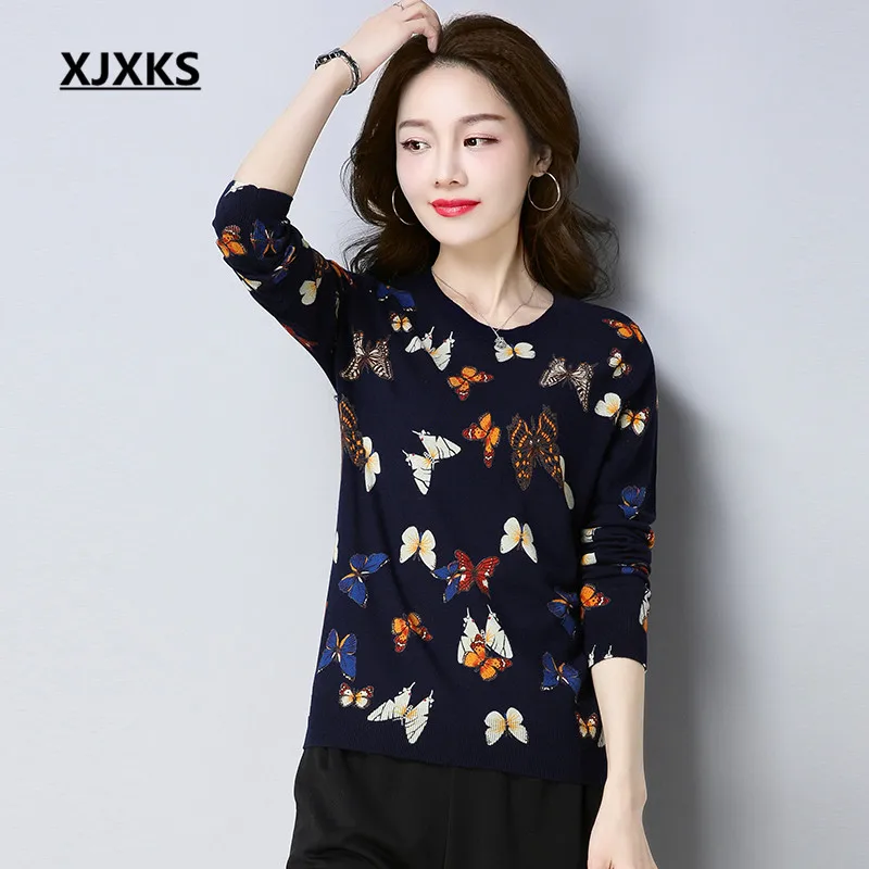 XJXKS кашемировый свитер, пуловер с круглым вырезом, свободные Джемперы, весна и осень, женский свитер, высококлассный принт, женские топы - Цвет: 816 Navy blue