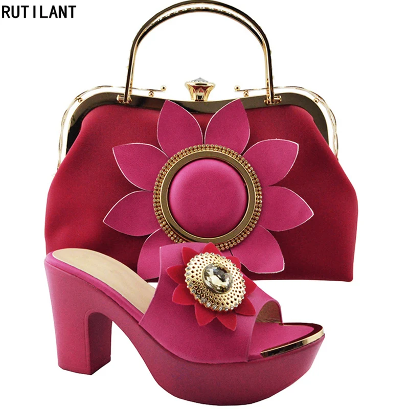 Nigerian Women Wedding Shoes and Bag Set Decorated with Rhinestone Shoe