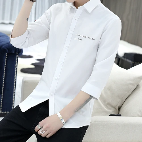 

LOLDEAL Men 3/4 Sleeve Casual Shirts Spring New Solid White Shirt Men Oxford Dress Shirt Youth Style Plus Size Male Shirt