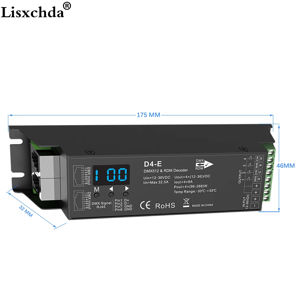 DC12-36V 4 канала 8А 1152 Вт постоянное напряжение DMX512& RDM декодер для светодиодных лент rgbw