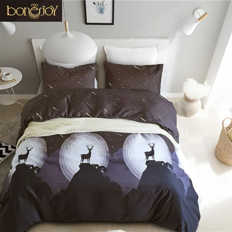 

Bonenjoy Black Color Queen Size Duvet Cover Wapiti Reactive Printed Bed Linens plumones de cama King Beddings Meteor Bedclothes