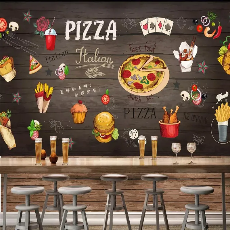 Custom Mural Wallpaper Hand-painted Wood Grain Pizza Restaurant Personality Background Wall hand painted bedside cabinet 40x30x60 cm solid mango wood