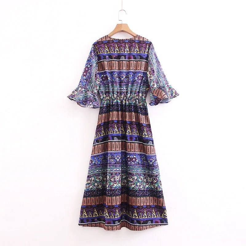 BOHO ретро женщина 3/4 рукав спереди подол разделение макси длинные платья Таиланд крест V образным вырезом геометрический платье с цветочным
