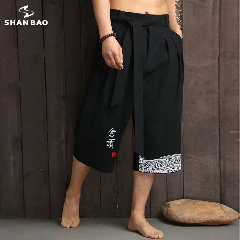 SHANBAO brand original Chinese style embroidery cotton fashion loose harem pants summer men's straight wide leg pants K1617