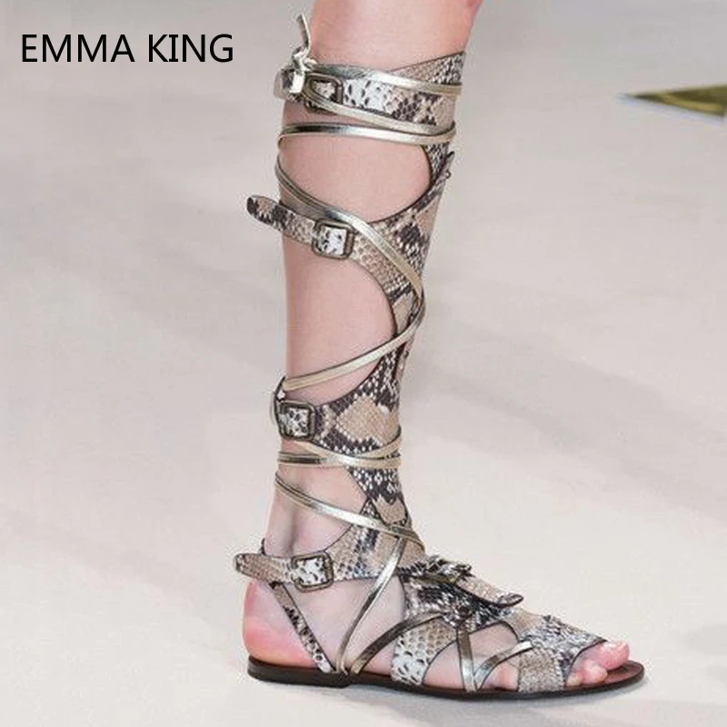 

Sexy Summer Flat Sandals Belt Buckle Snakeskin Women Boots New Gold Lace-Up Calf High Boots Gladiator Sandals Hollow Femme Roman