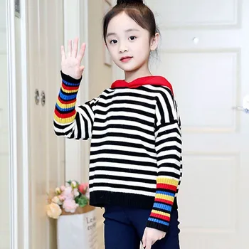 

Colorful Striped Patchwork Sweatshrits For Kid Hooded Knit Autumn Hoodies Clothing Girls Sport Tops Long Sleeve Children Clothes