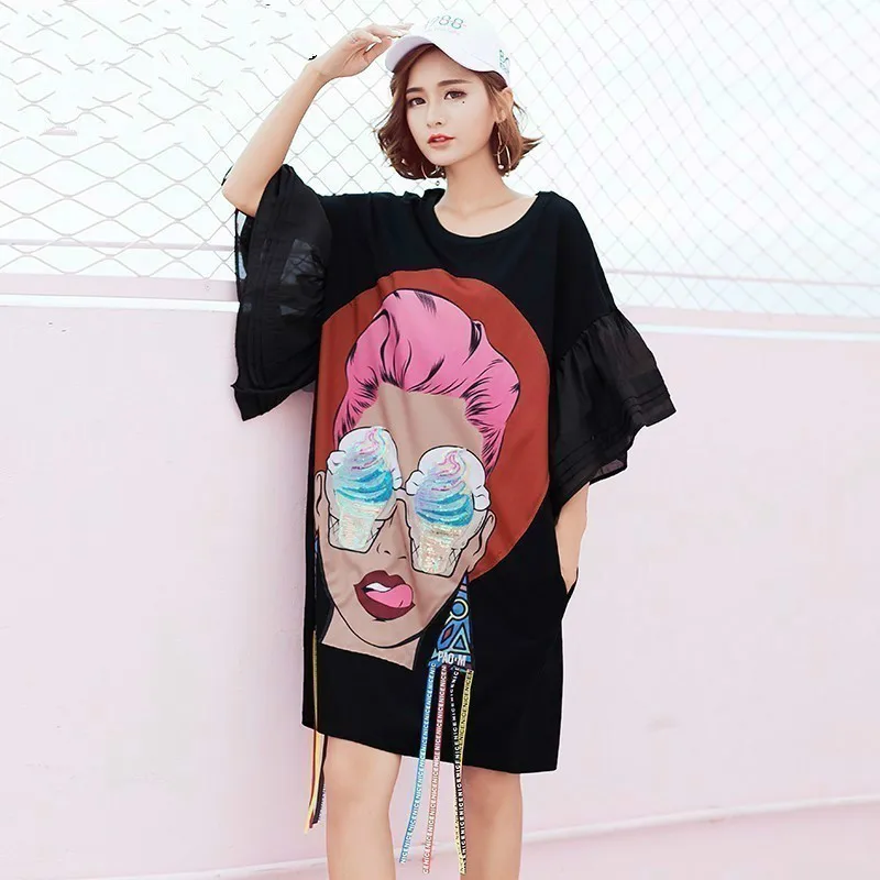 Najtaniej 2019 letnia dziewczyna Cartoon nadruk z cekinami bluzki asymetryczne pomponem nieregularne T Shirt luźne Plus Size duże Womans stylowe topy S030