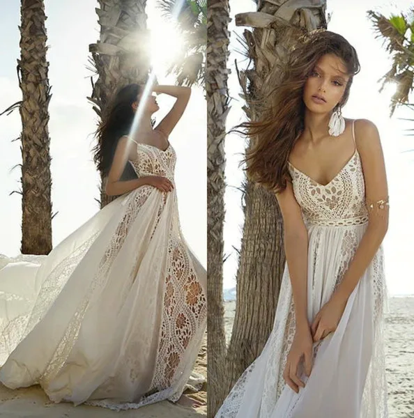 

Beach Wedding Dresses 2019 Lace and Chiffon Summer Spaghetti Straps Backless Bohemia Bridal Gown abiti da sposa vestido de novia
