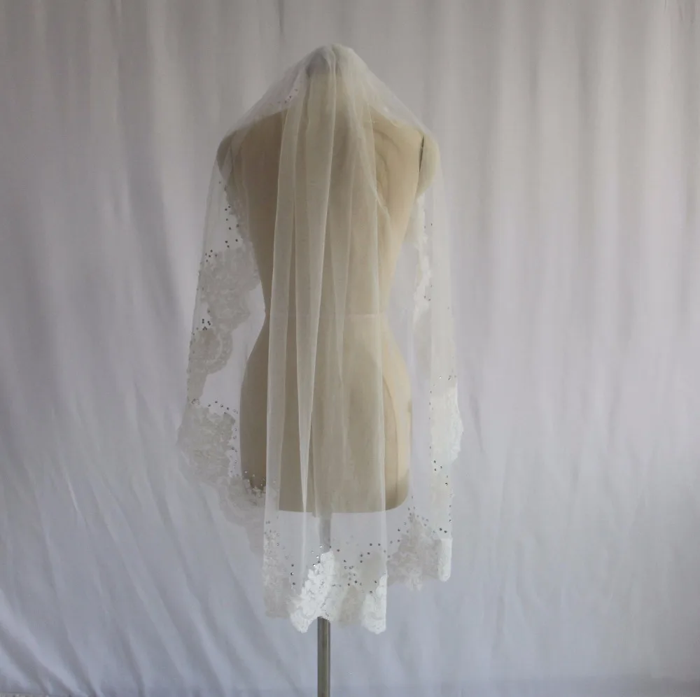 Модная Однослойная кружевная короткая свадебная фата с кристаллами|short wedding