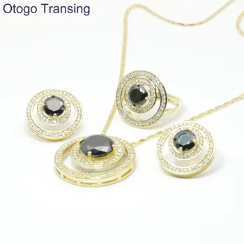 

Otogo Transing Top Quality Black Crystal 925 Sterling Gold Color Women Jewelry Sets Earrings/Pendant/Necklace/Ring made S209