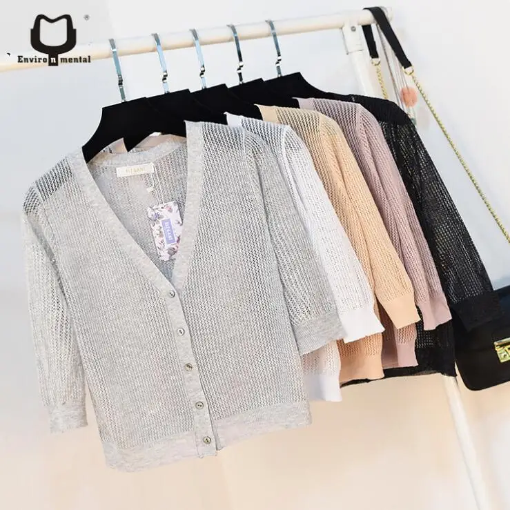 

Queechalle 5 Colors Summer Women's knitted cardigans thin V neck half sleeve cardigan coat Pink Black Gray Khaki White